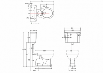 Concealed bottom outlet low-level pan with rear or bottom entry lever cistern